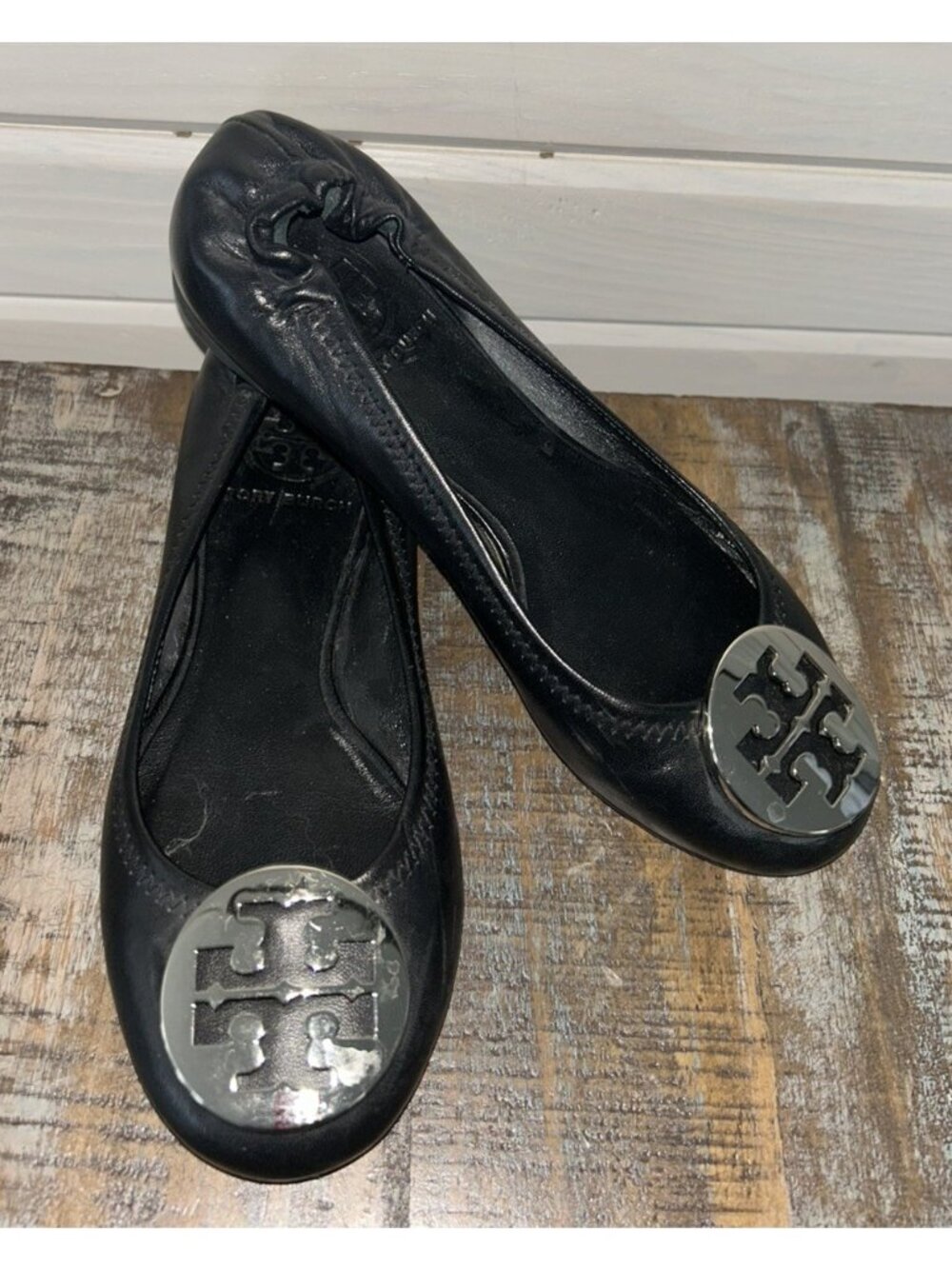 Tory Burch Sz 4M Womens Reva Ballet Flats Black Leather Silver Tone Logo